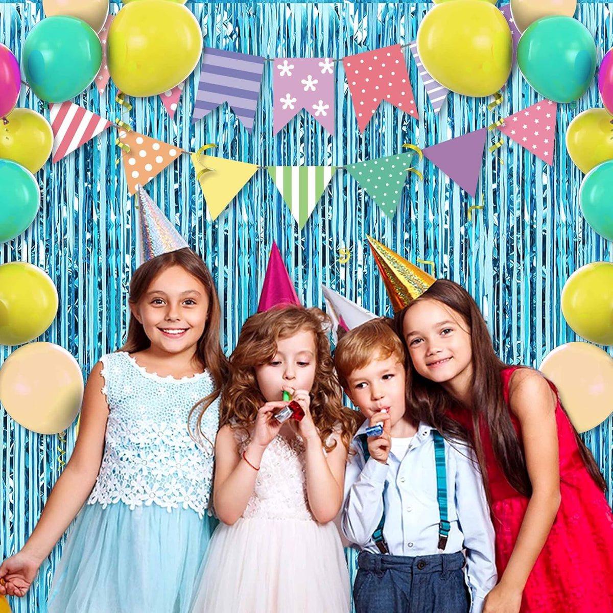3 Pack Light Blue Foil Fringe Curtains Backdrop, 3.28 x 9.8 Ft Metallic Streamers Tinsel Curtains