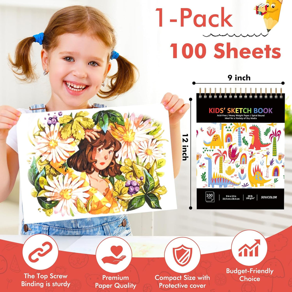 Soucolor 9" x 12" Kids Sketch Book, 100 Sheets Spiral Bound Art Sketchbook, Acid Free Artist