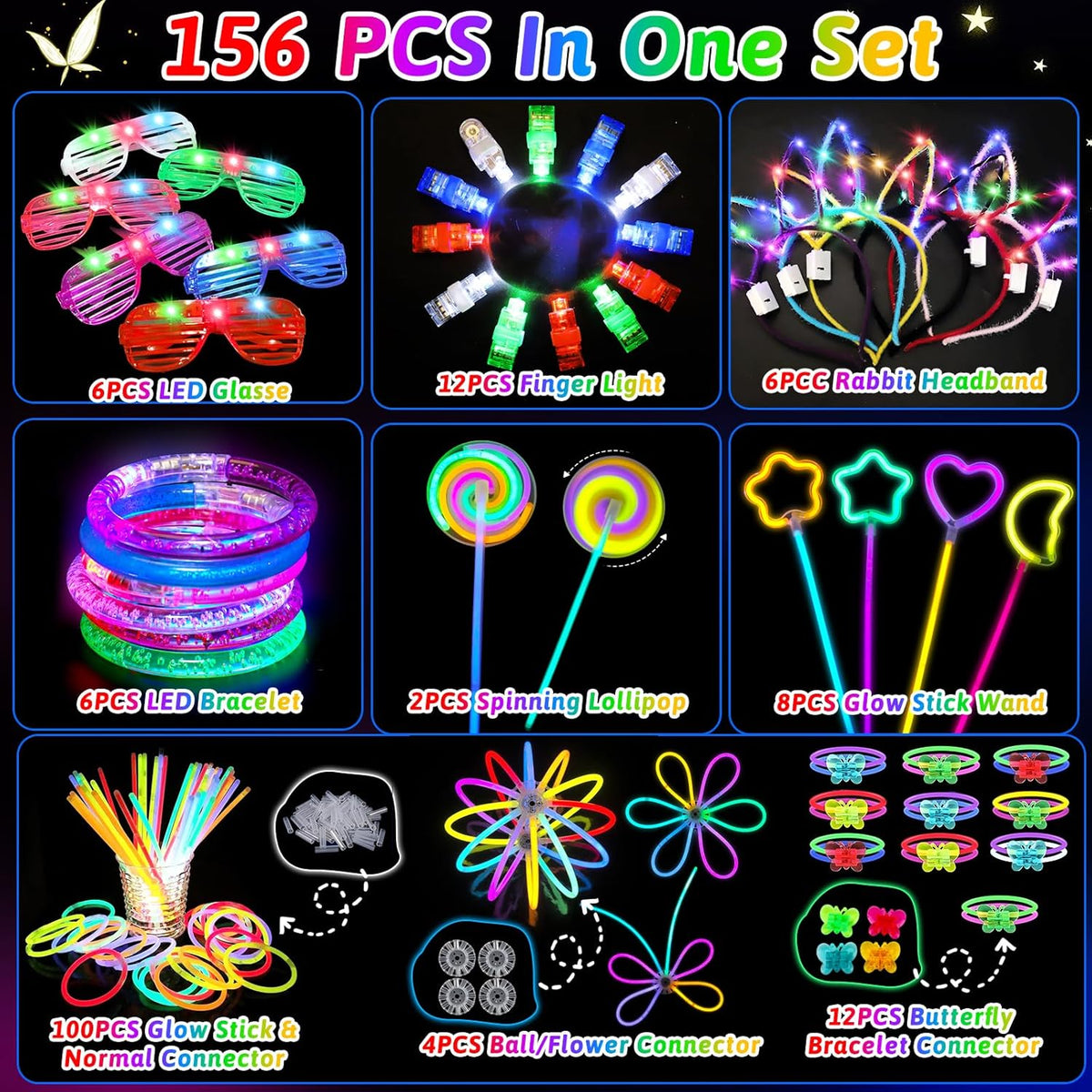 156PCS Glow in The Dark Party Supplies for Kids 8-12, Light Up Glasses Headband Rings Halloween