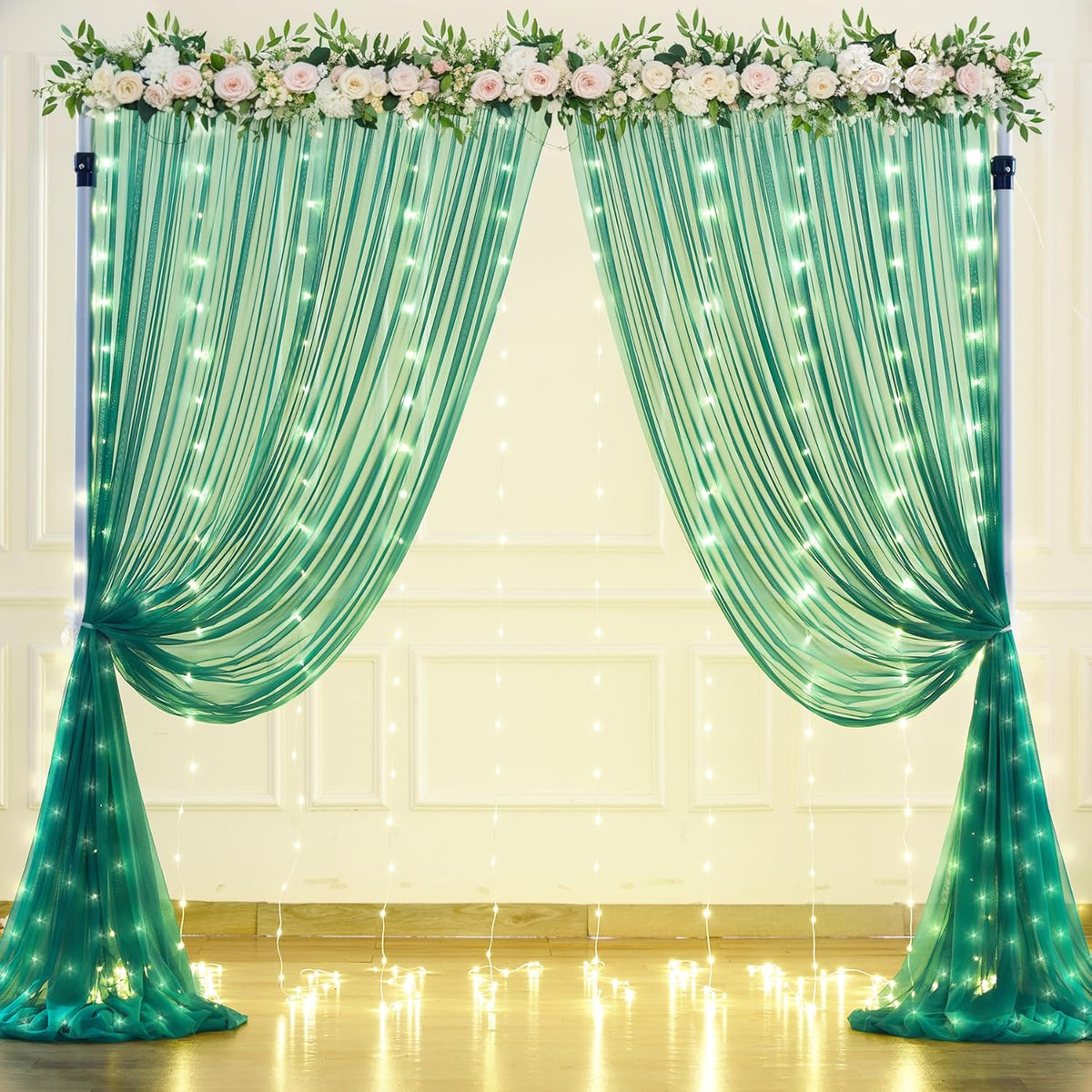 Hunter Green Tulle Backdrop Curtains with Lights String for Parites 10x8ft Sheer Backdrop Curtains