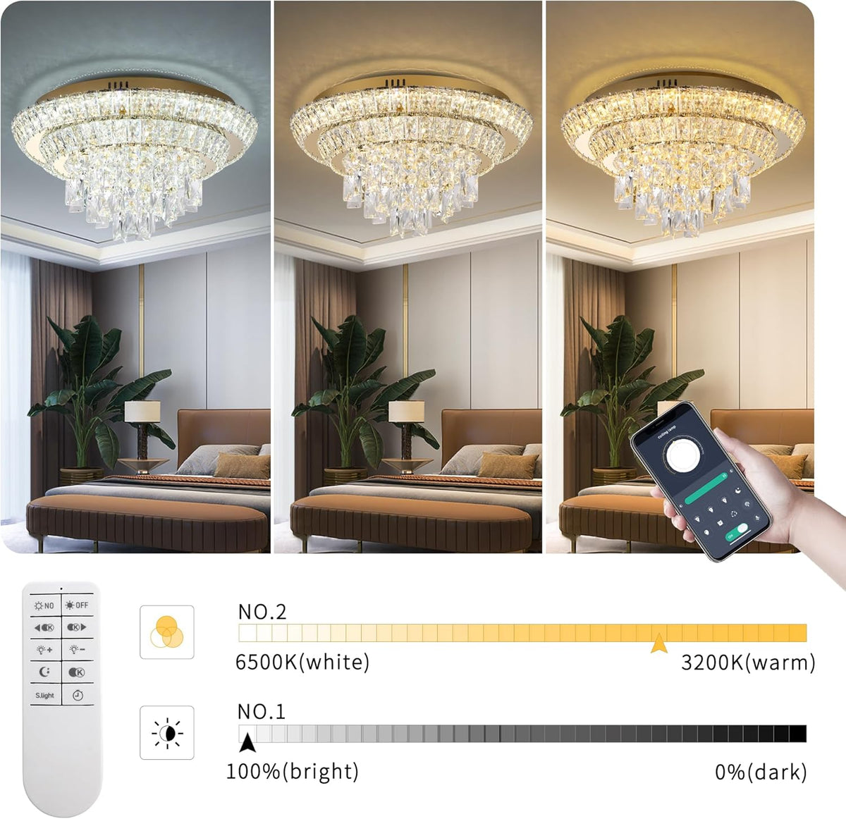 18 inch Crystal Gold Ceiling-Light Flush Mount with Remote Control and APP, 3CCT Dimmable &