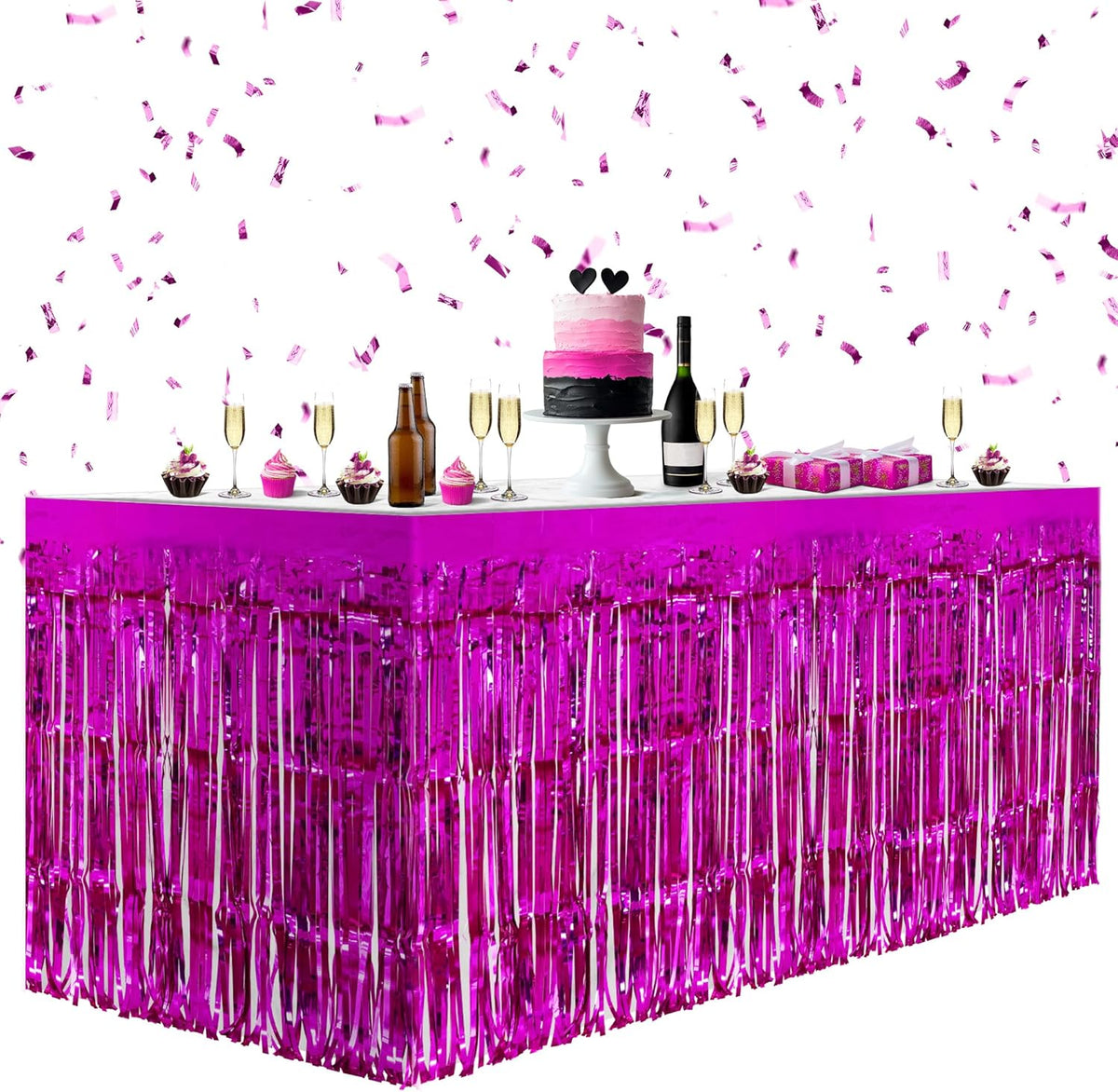 2 Pack Rose Red Table Skirts, 29x108" Metallic Foil Tinsel Fringe Table Skirts for Rectangle Tables