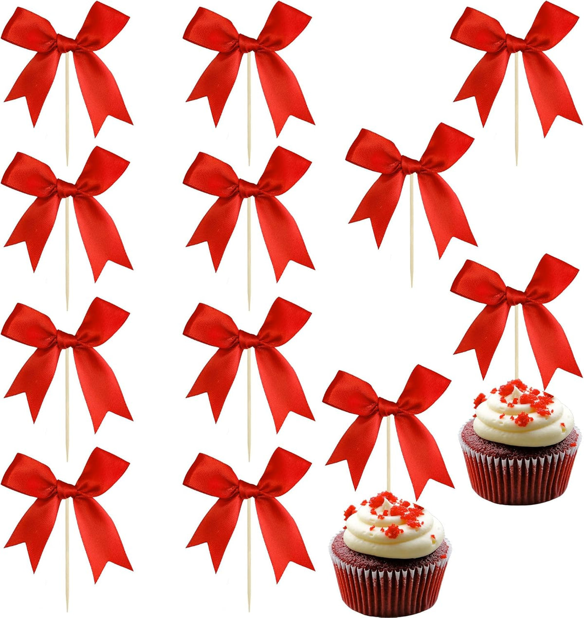 Ephlyn 24Pcs Red Bow Cupcake Toppers Bow Cake Topper Birthday Decorations Mini Bowknot Cupcake
