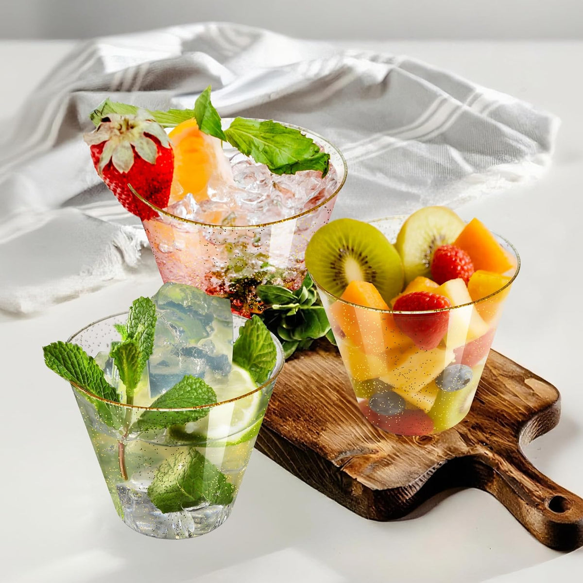 [200 Pack] 9oz Plastic Cups with Gold Glitter Sturdy & Food Safe Plastic Wine Glasses Disposable