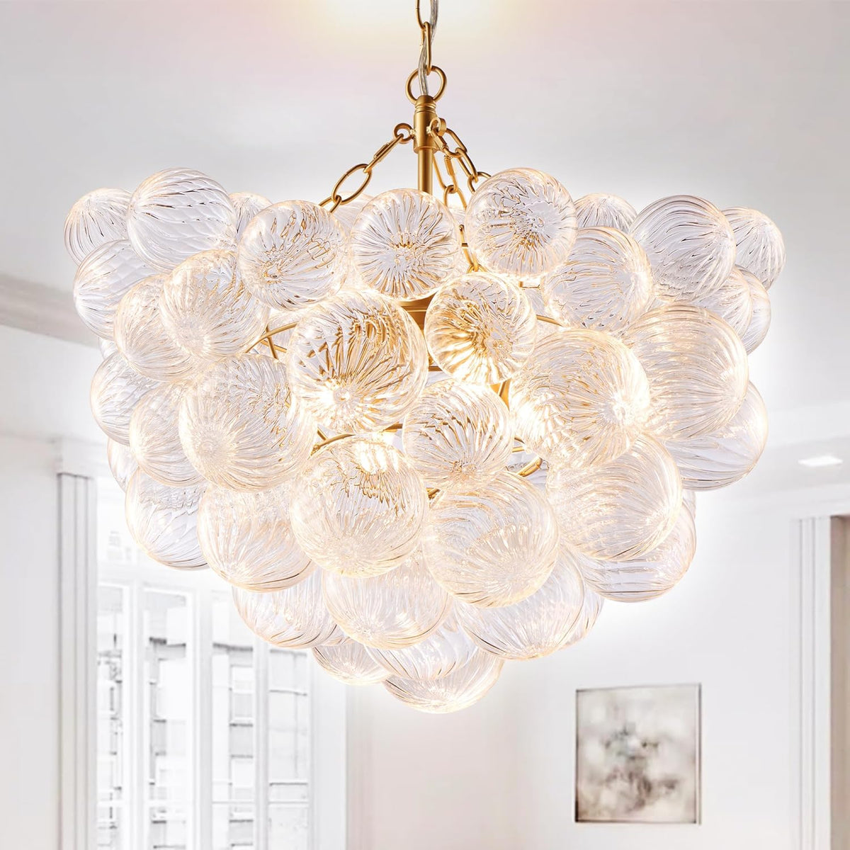 Nordic Bubble Ball Swirled Glass Chandelier, Dia 20 inch Gild Gold and Clear Blown Glass Small