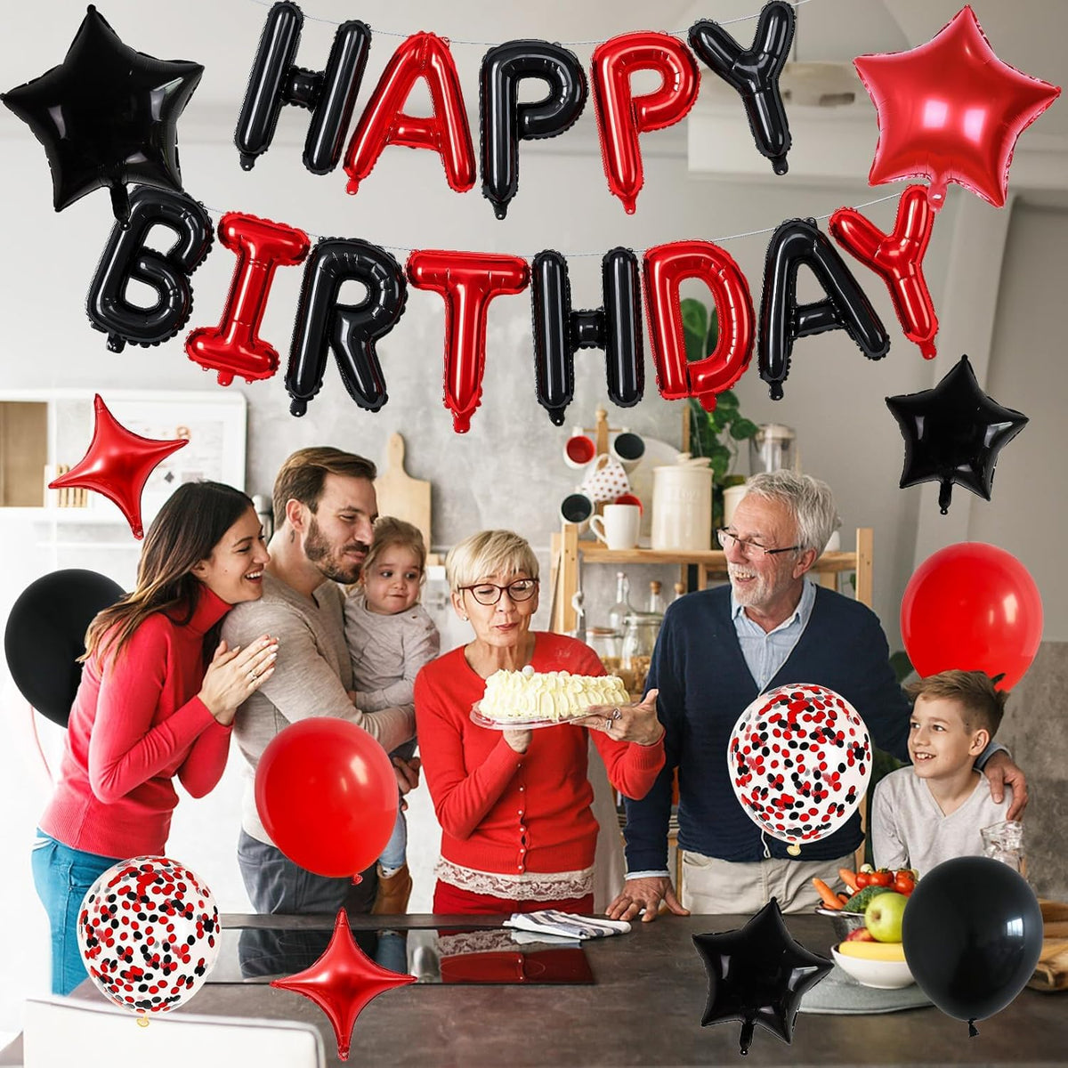 Happy Birthday Balloon Banner Red and Black, 16 Inch Mylar Foil Letter Balloons, Reusable Birthday
