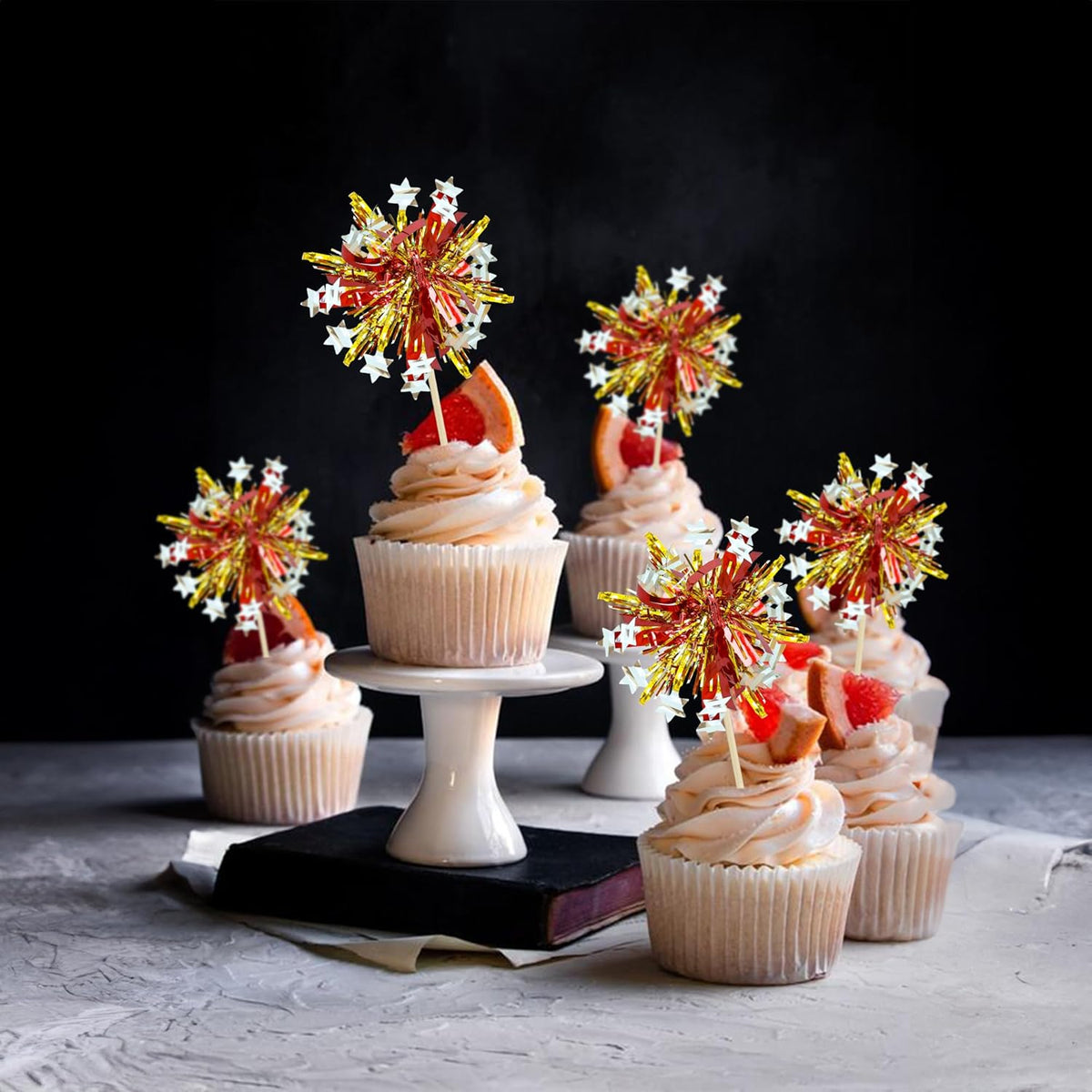 Ephlyn 30Pcs Foil Firework Cupcake Toppers Sparkle Tinsel Cupcake Picks Happy Birthday Cake