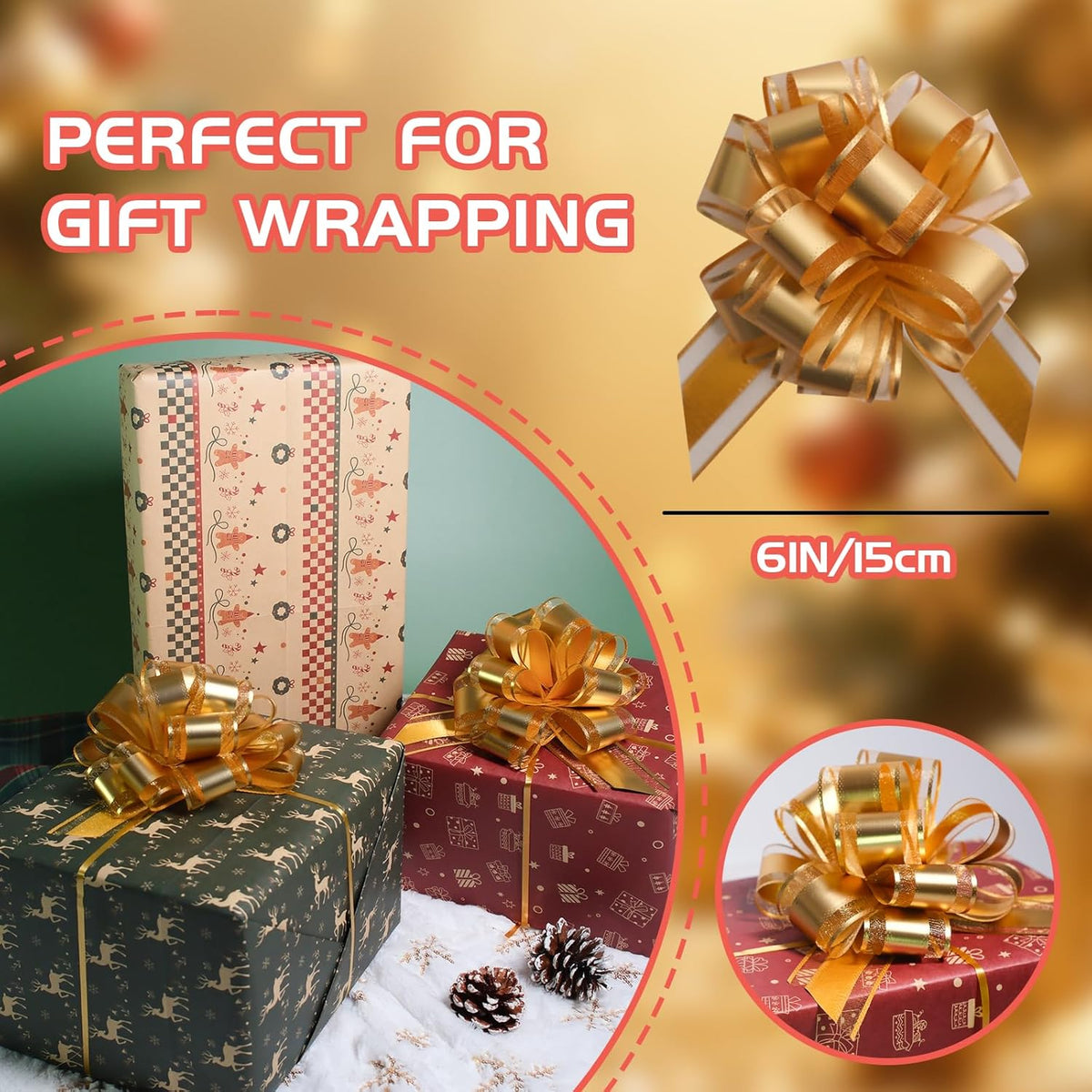6 Pcs 6 Inch Golden Pull Bows, Perfect for Gift Wrapping, Weddings, Party Decorations, Crafts