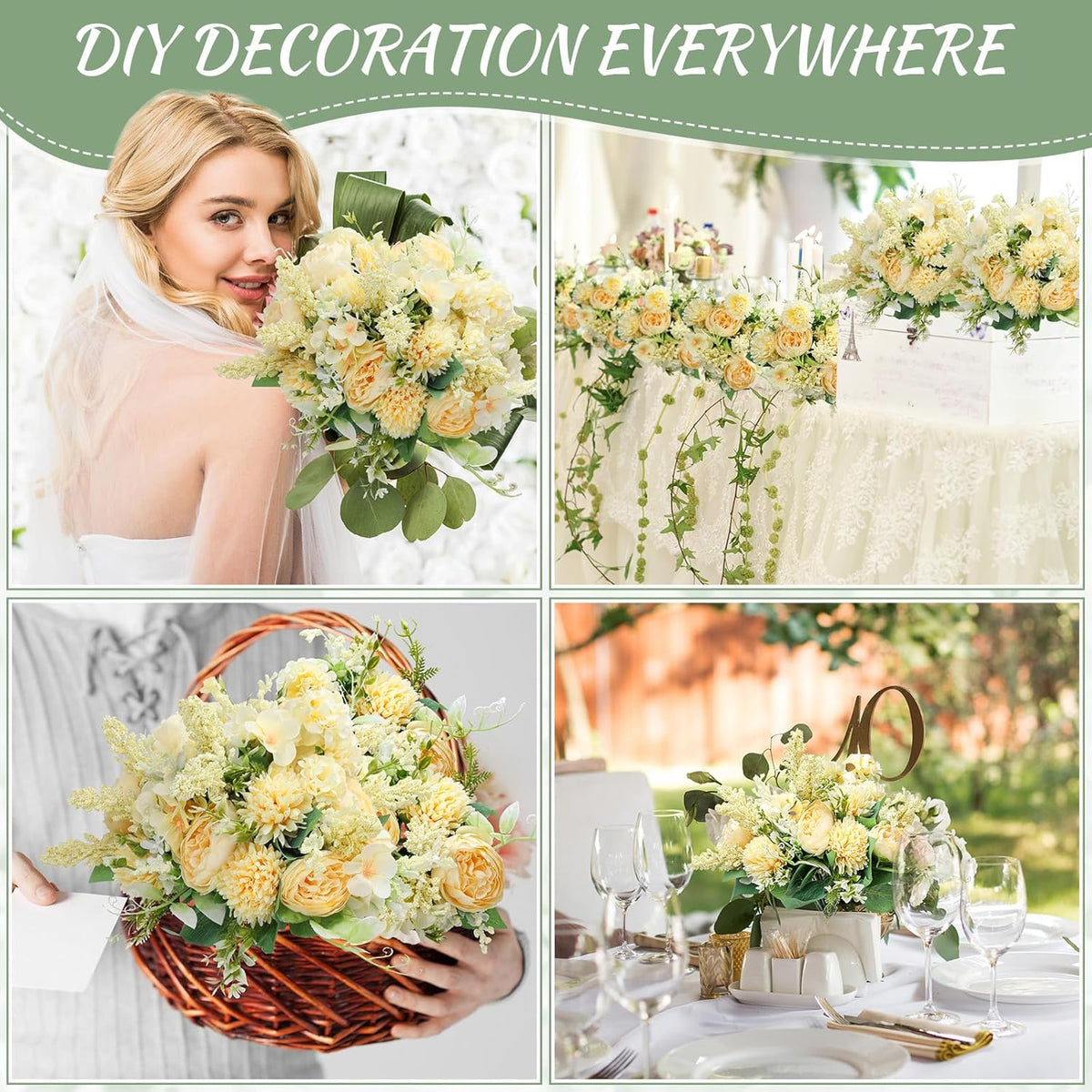 Zeyune 8 Pcs Wedding Silk Flowers Fake Silk Flowers Faux Bouquet Hydrangea Bouquets for Wedding