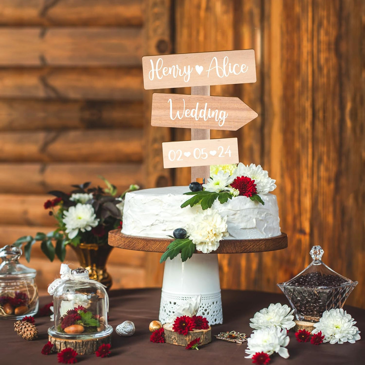 Personalized Rustic Wedding Cake Topper in Wood Custom Bride & Groom Names Initials Wedding Date