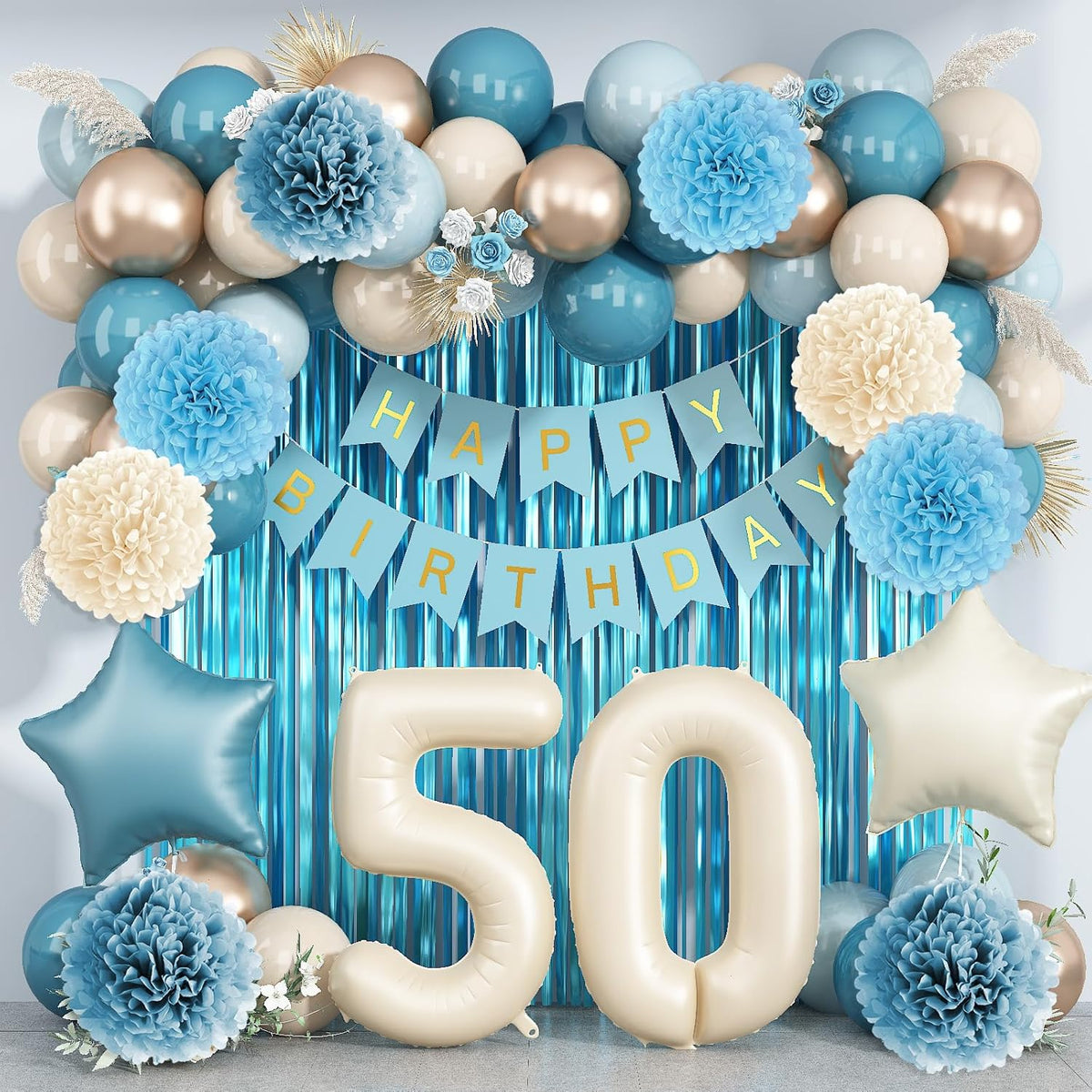 Dusty Blue 50th Birthday Party Decorations for Women Men Beige Cream Number 50 Balloon with Blue
