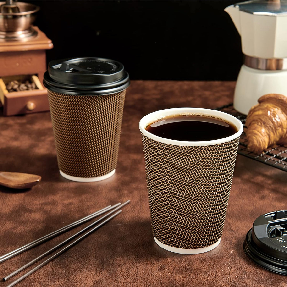 LITOPAK 80 Pack 12 oz Paper Coffee Cups, Insulated Ripple Wall Hot Coffee Cups with Lid and Straws