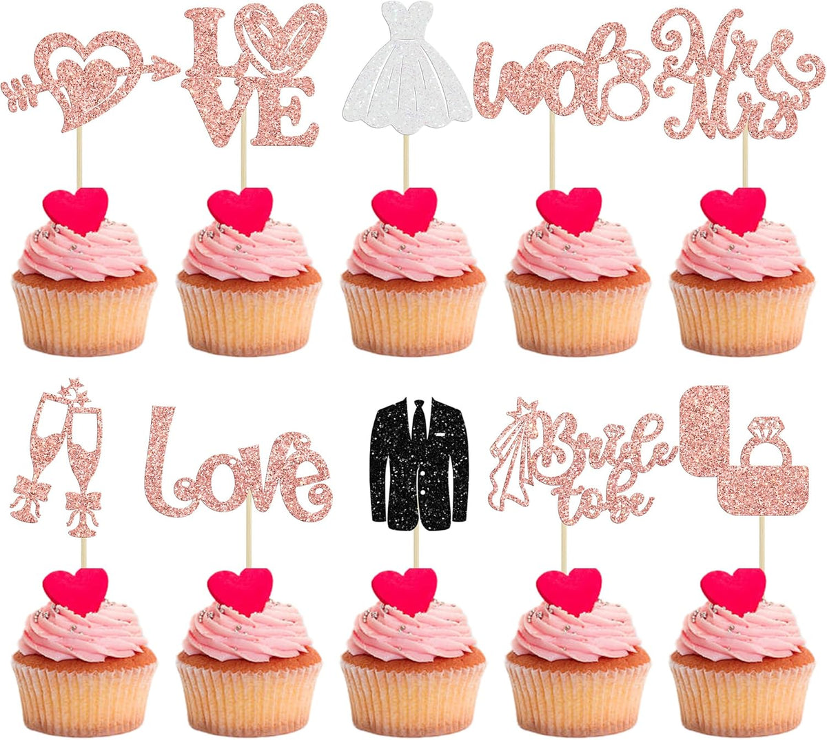Ephlyn 30Pcs Bride to be Cupcake Toppers Glitter Wedding Cake Topper Decorations I Do Love Heart