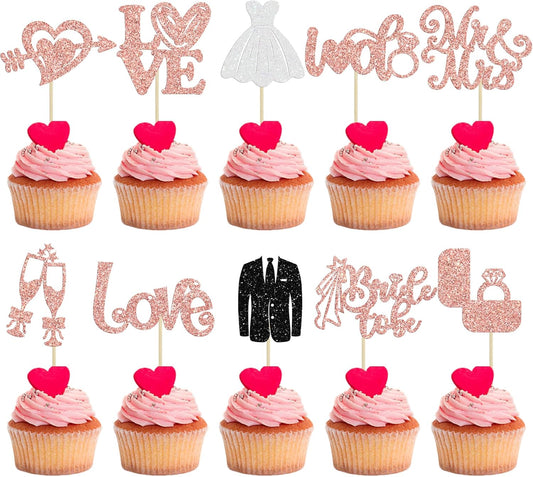 Ephlyn 30Pcs Bride to be Cupcake Toppers Glitter Wedding Cake Topper Decorations I Do Love Heart