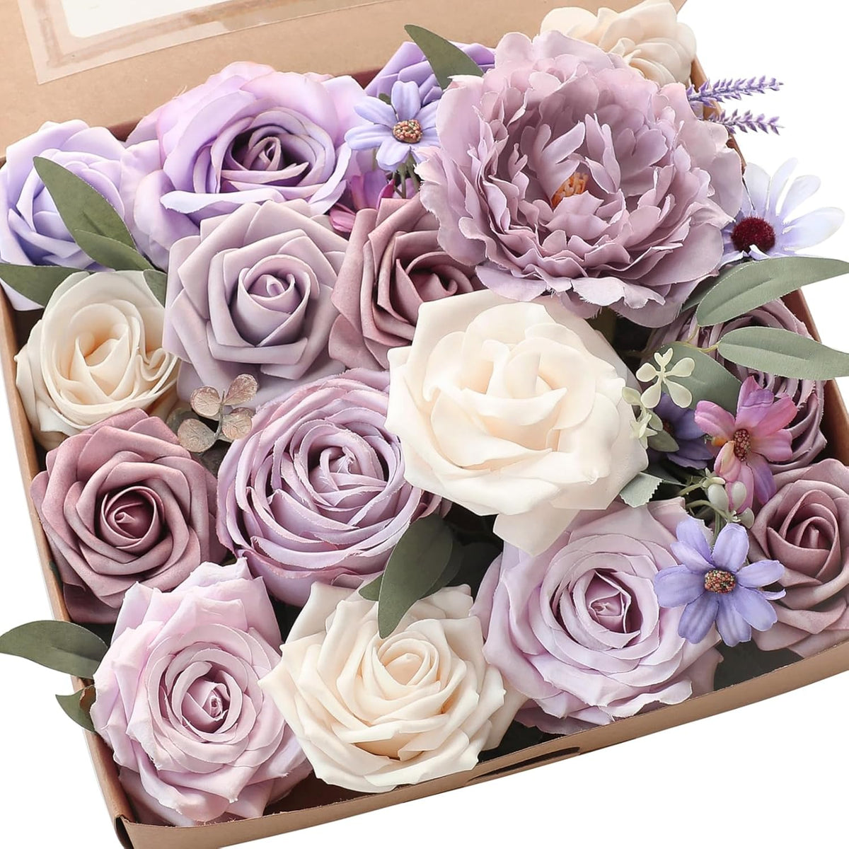 Floroom Lilac Lavender Artificial Flowers Fake Roses Peony and Greenery Combo Box Set for DIY