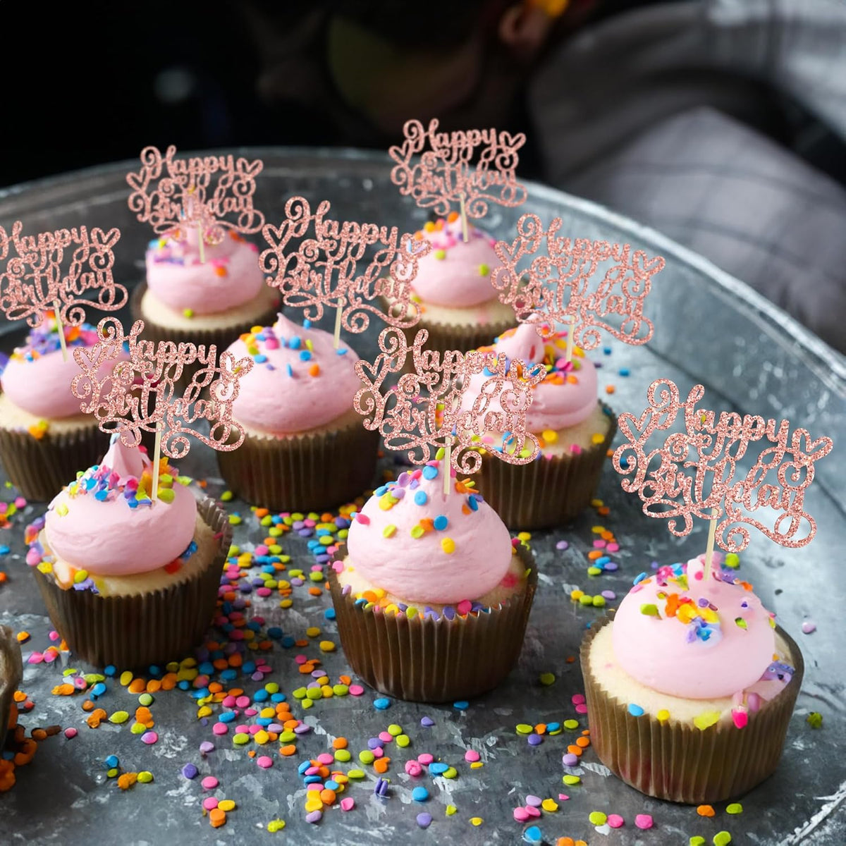 Gyufise 24Pcs Happy Birthday Cupcake Toppers Glitter Happy Birthday Cupcake Picks for Celebrating