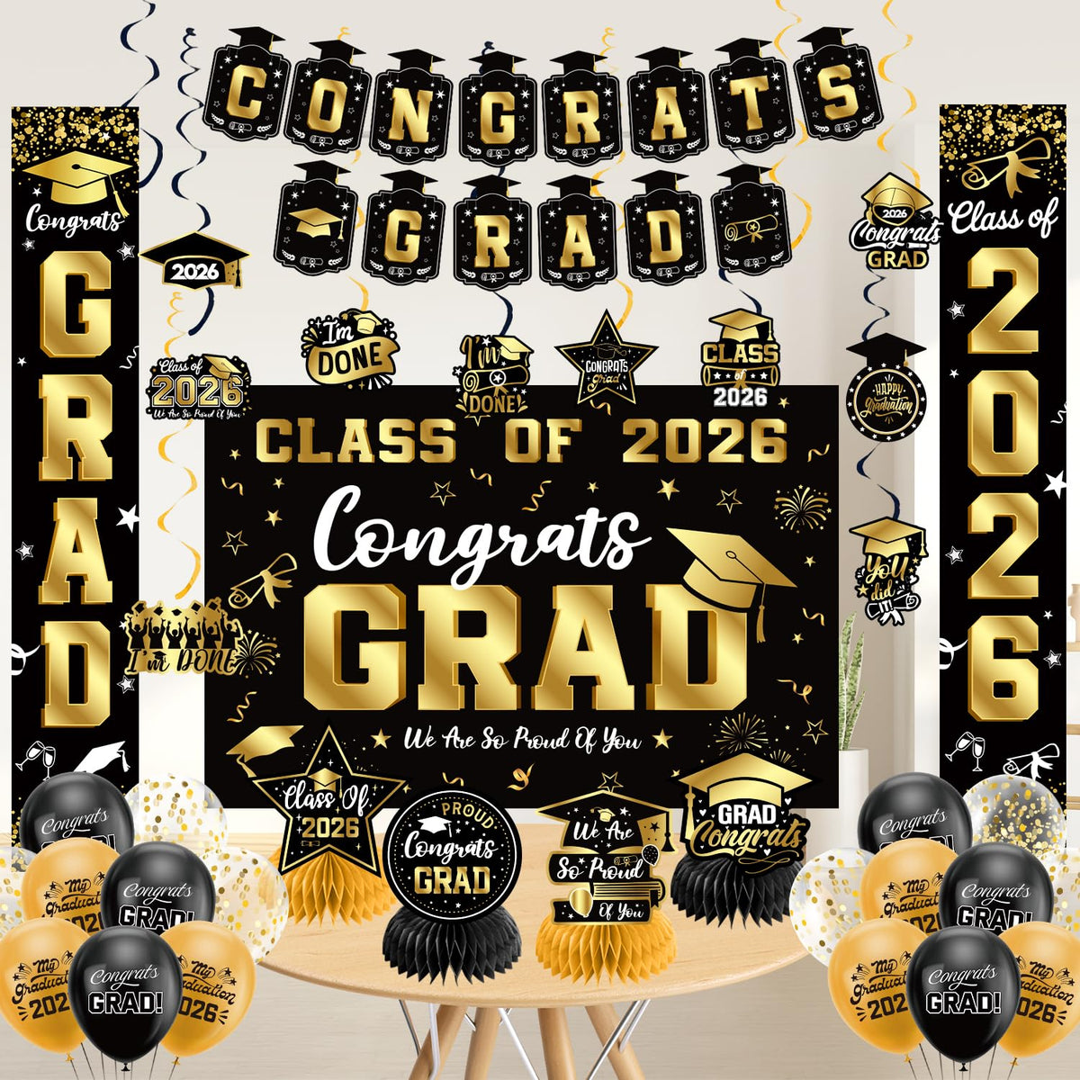 Graduation Decorations 2026 Set Black Gold, Congrats Grad Decor Set with Banner Backdrop Porch