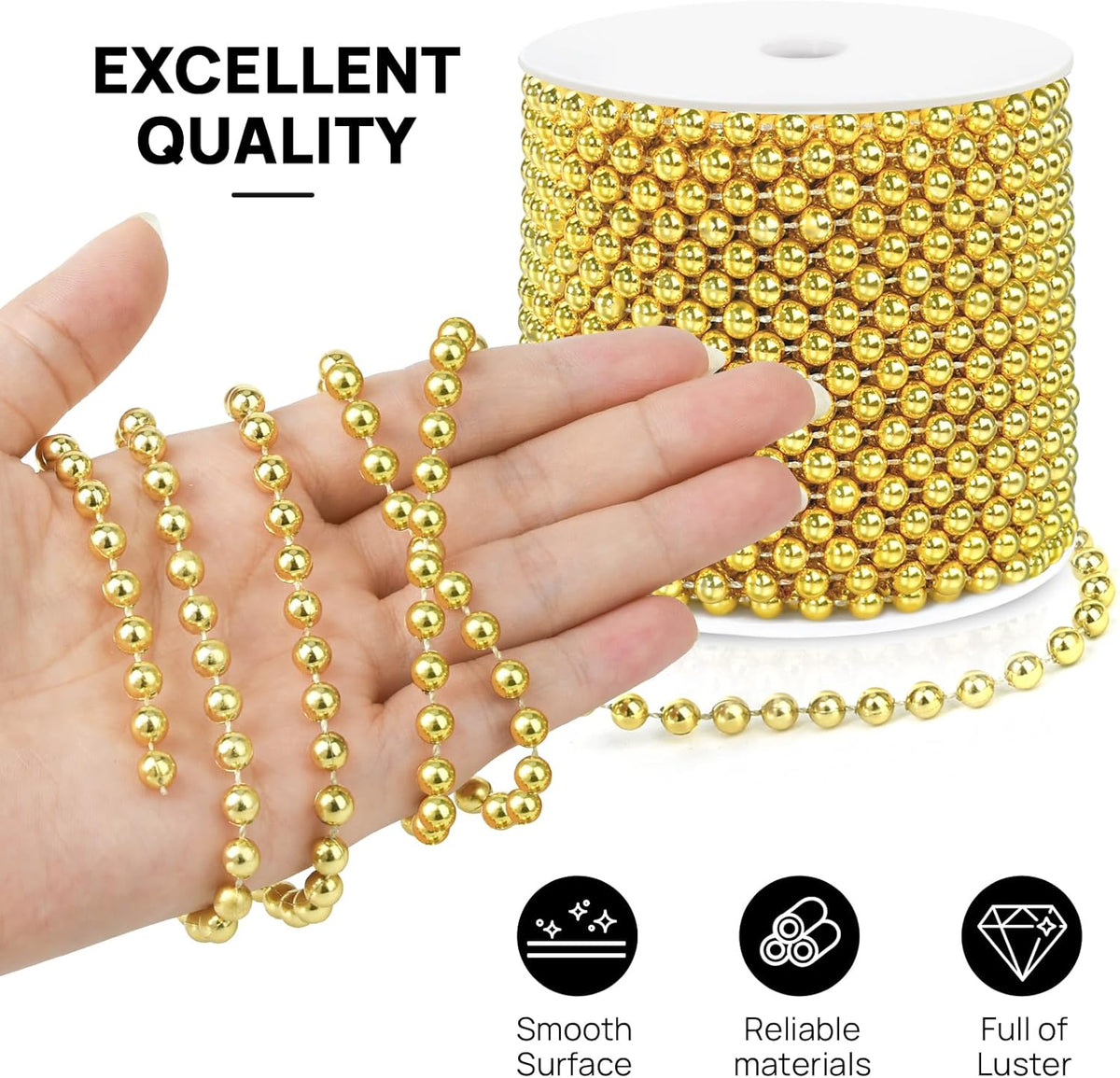 Craft String Pearls 6MM Pearl Bead, 66 Feet Gold Faux Pearl Garland Spool Roll Strand Wedding Party