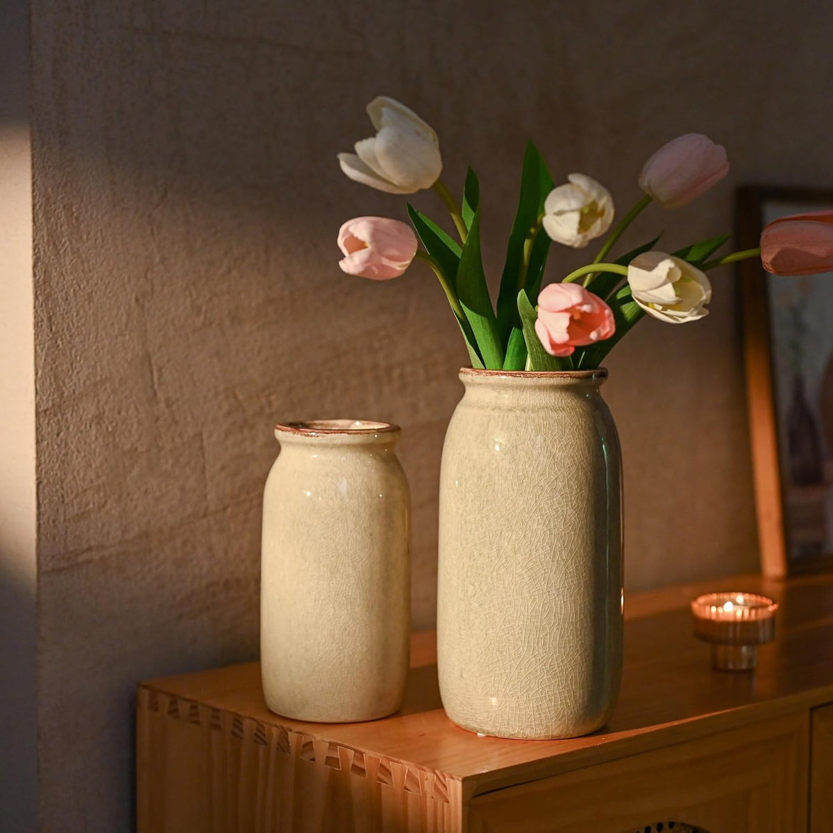 VICTOR & TERESA Rustic Green Vase for Home Decor, Ceramic Vases for Flowers, Modern Farmhouse