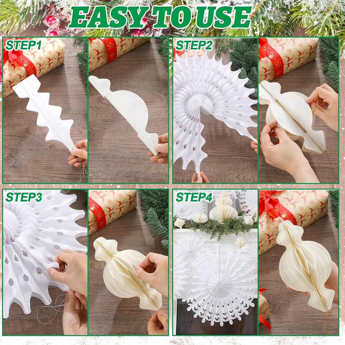 Cinnvoice 16 Pcs White Paper Snowflake Decorations 12 Pcs Christmas Paper Honeycomb Balls Ornaments