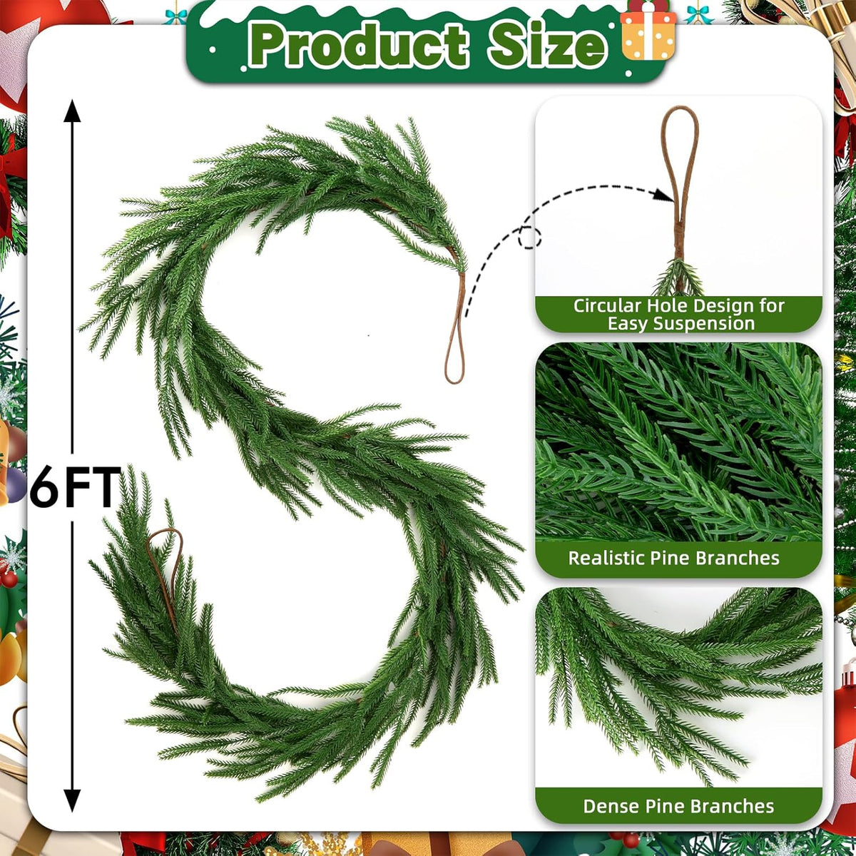 12 FT (2 * 6FT) Norfolk Pine Garland Artificial, Realistic Christmas Greenery for Mantle Table