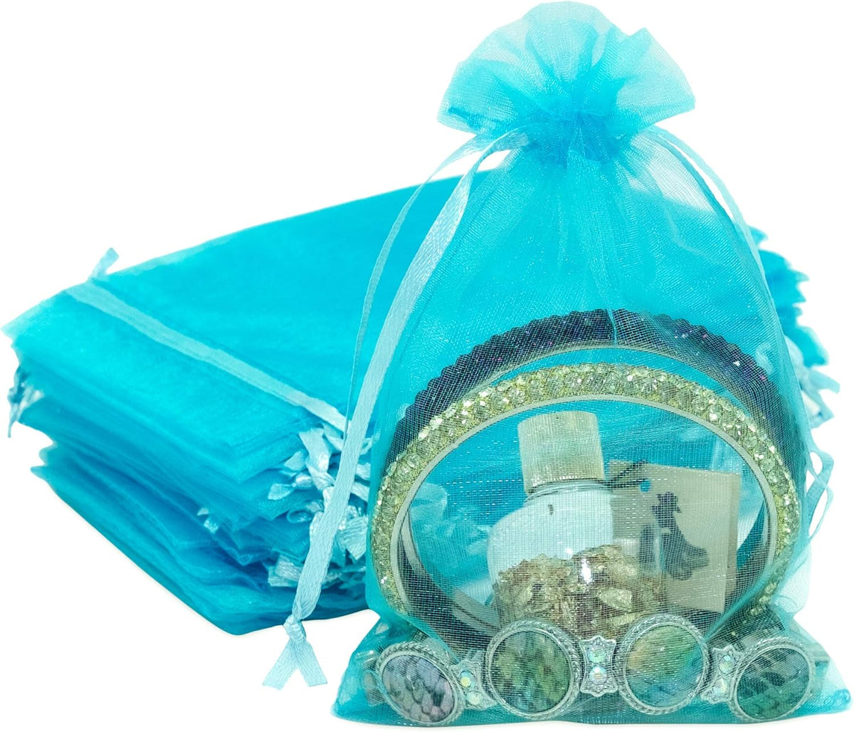 TheDisplayGuys 100-Pack 4x6 Turquoise Blue Sheer Organza Gift Bags with Drawstring, Jewelry Candy
