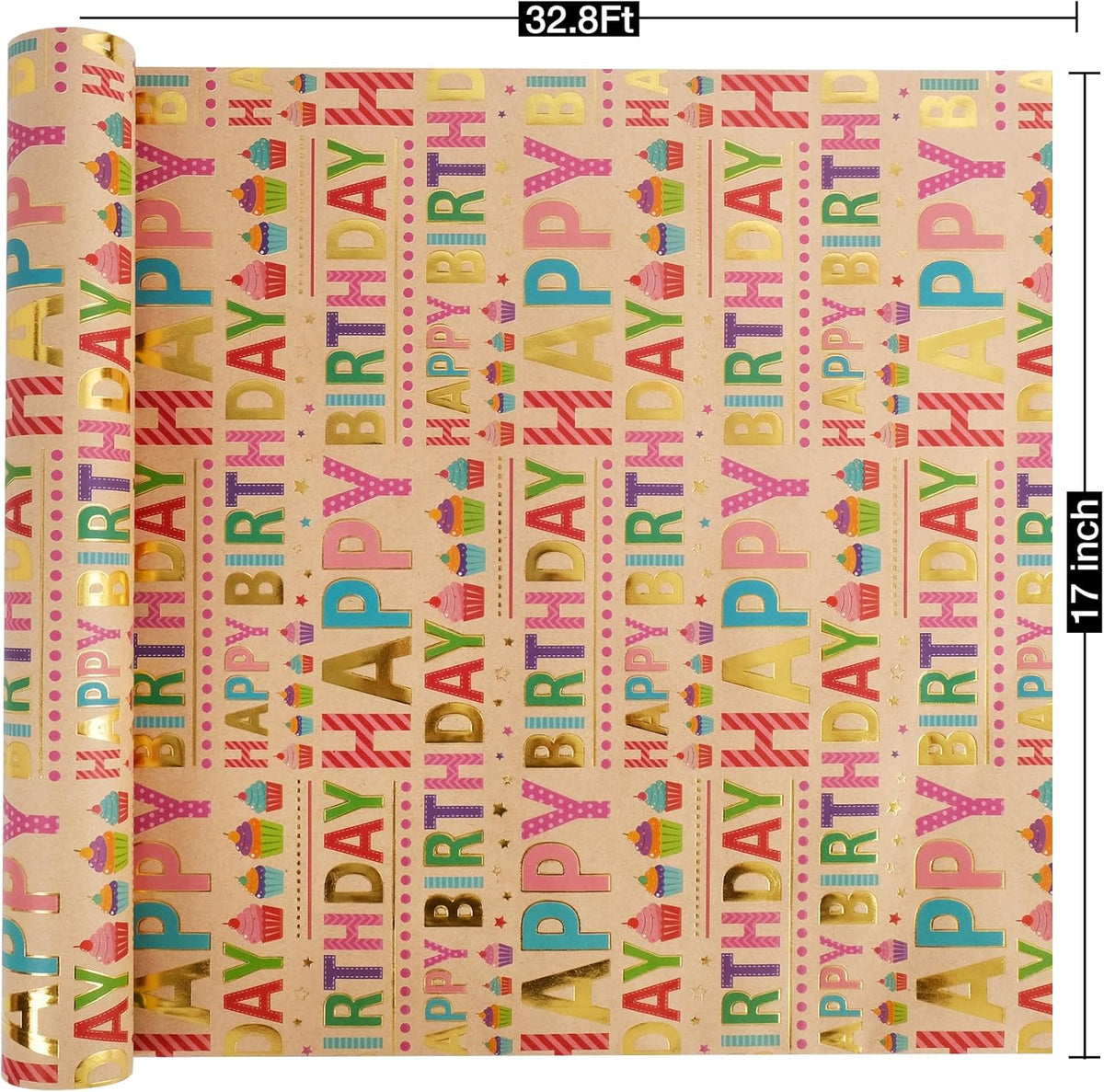 Aimyoo Colorful Birthday Wrapping Paper Roll - 17 Inch X 32.8 Feet - Gold Foil Happy Birthday