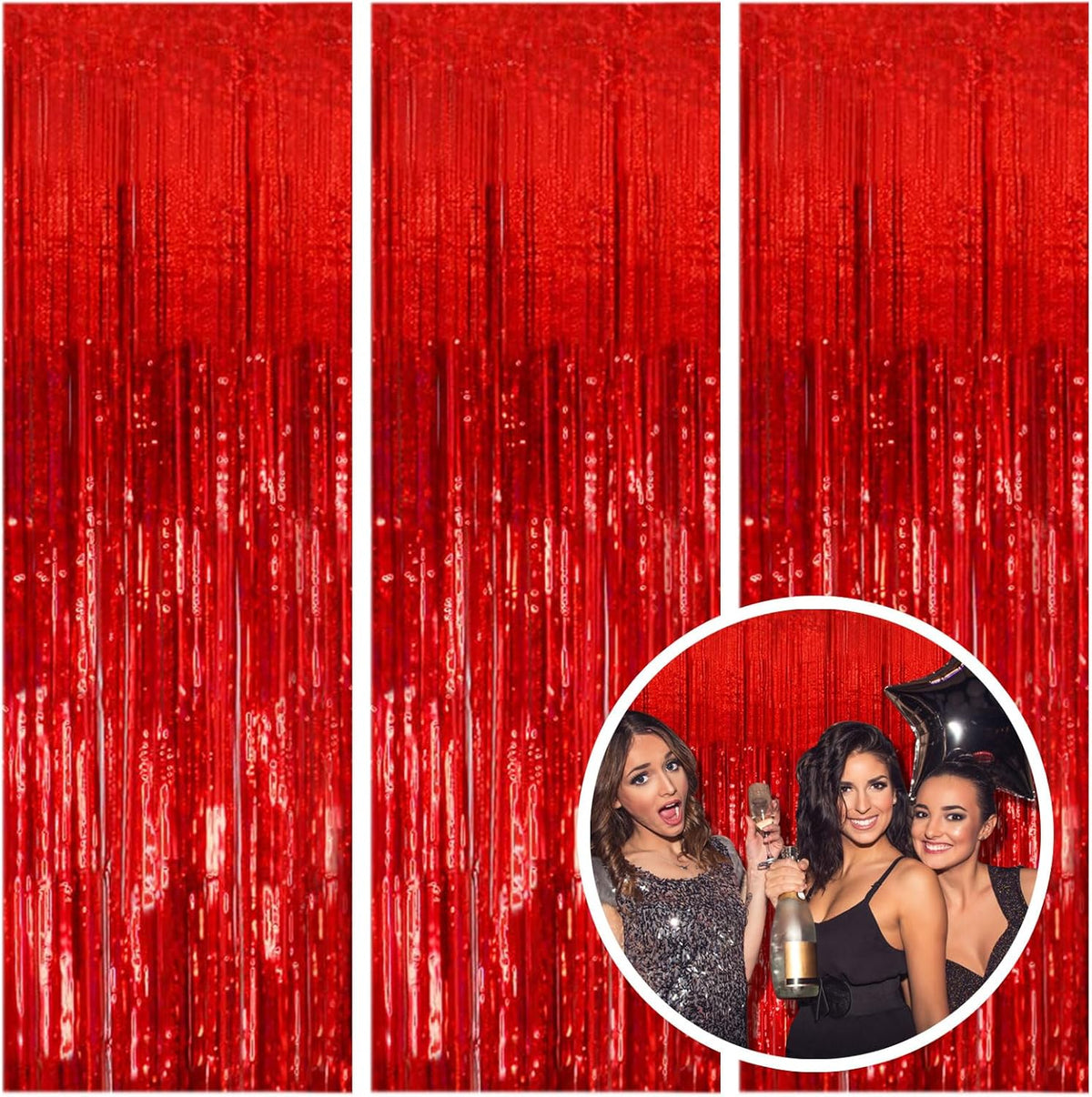 3 Pack Red Party Backdrop Tinsel Streamers Christmas Decorations Foil Fringe Backdrop Curtains
