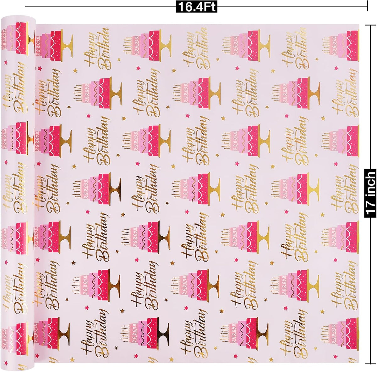 Aimyoo Pink Birthday Wrapping Paper Roll - 17 Inch X 16.4 Feet - Gold Foil Celebration Cake, Happy