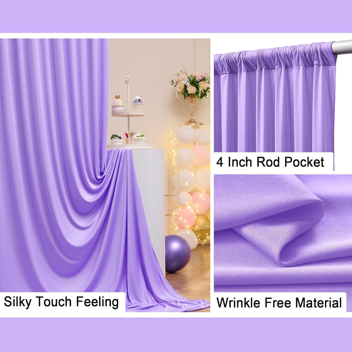 50 ft x 10 ft Wrinkle Free Lavender Backdrop Curtain for Parties, Polyester Light Purple Photo