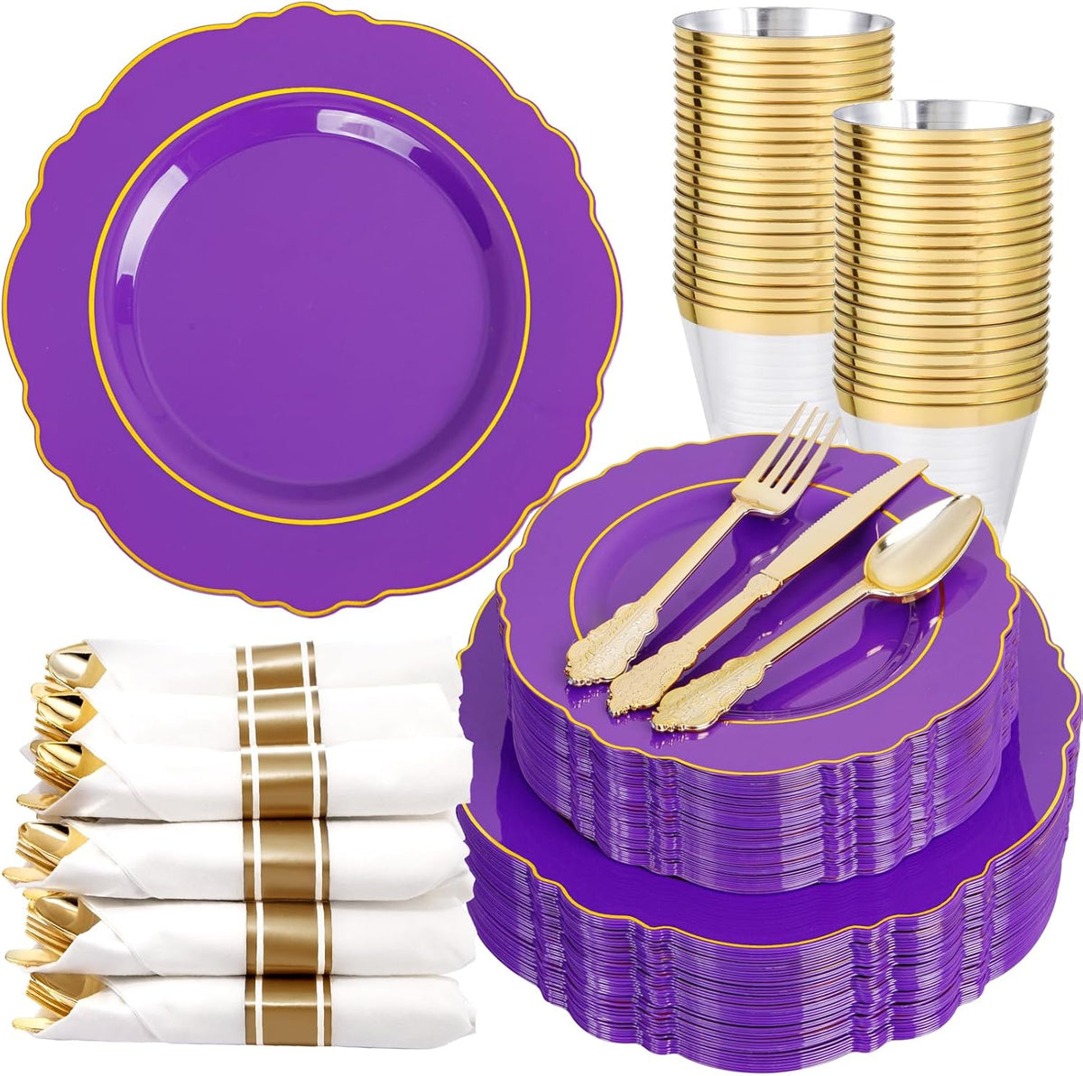 Liacere 350PCS Purple Plastic Plates-Disposable Purple and Gold Plates 50 guest Baroque Plastic