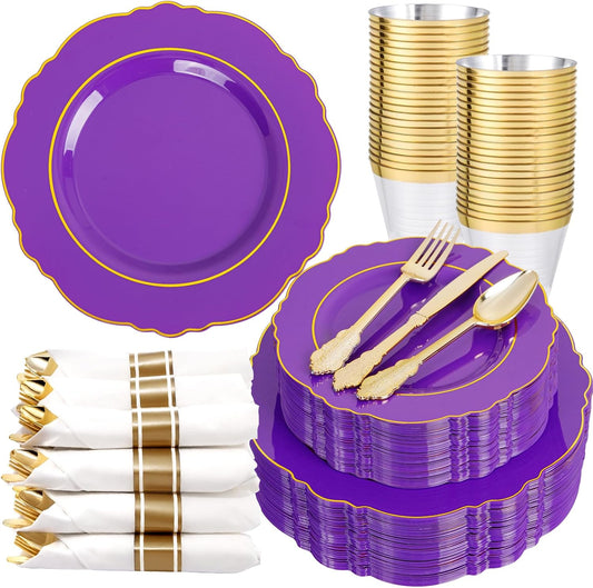 Liacere 350PCS Purple Plastic Plates-Disposable Purple and Gold Plates 50 guest Baroque Plastic