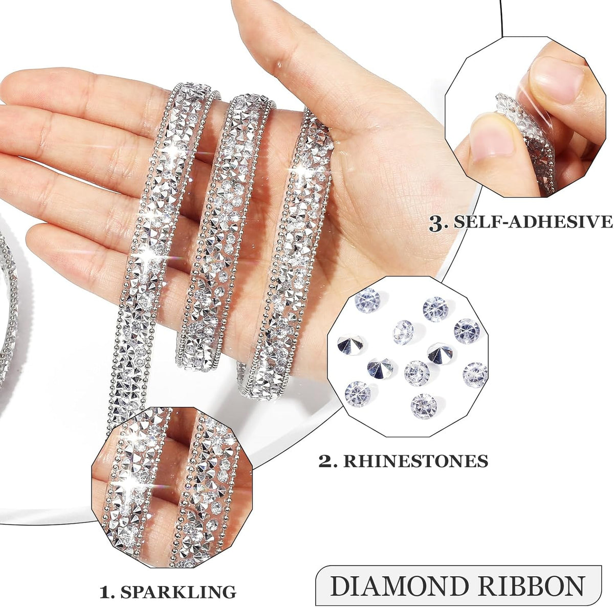 Rhinestone Ribbon 3 Yards Self Adhesive Rhinestone Strips Diamond Ribbon Sticker Crystal Roll