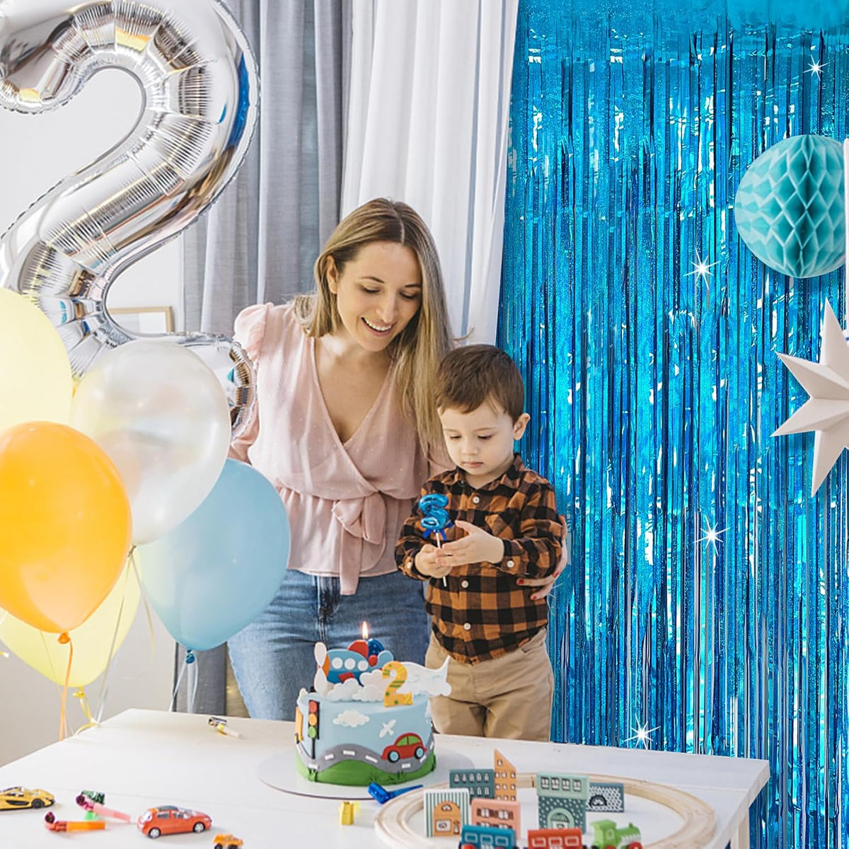 Tinsel Curtain Party Backdrop Blue Birthday Decorations 5 Packs Glitter Foil Fringe Curtain Party