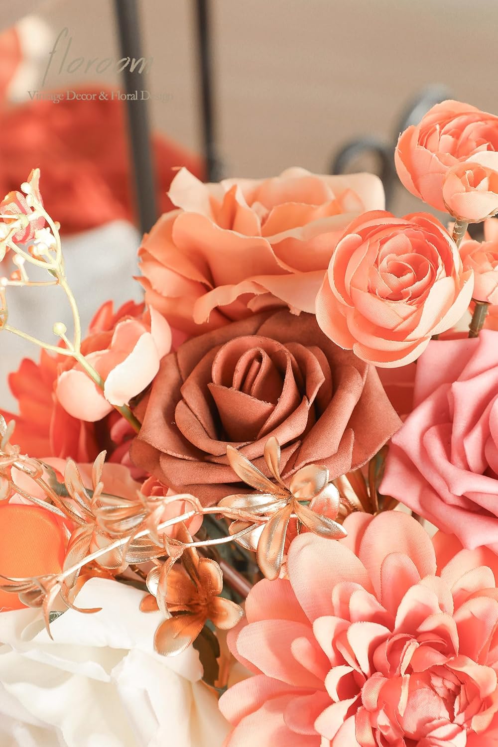 Floroom Terracotta Artificial Flowers Burnt Orange Fake Roses Dahlias and Greenery Combo Box Set
