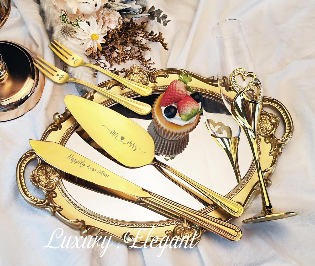 Wedding Cake Knife and Server Set, Gold Wedding Champagne Fluteswith Twin Heart Base and Rhinestone