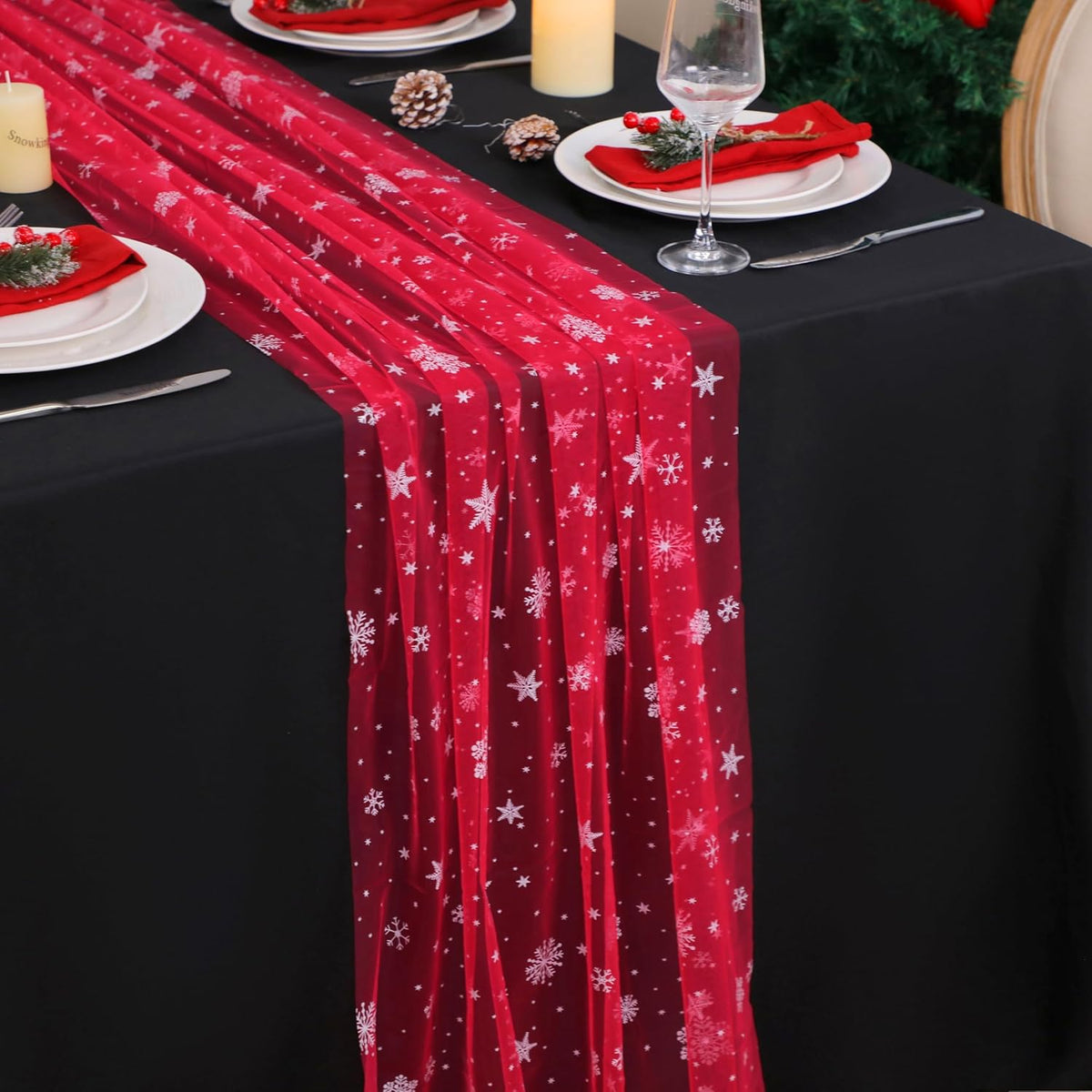 Snowkingdom Red Christmas Table Runner, Red and White Snowflakes Cheesecloth Table Runner, Chiffon