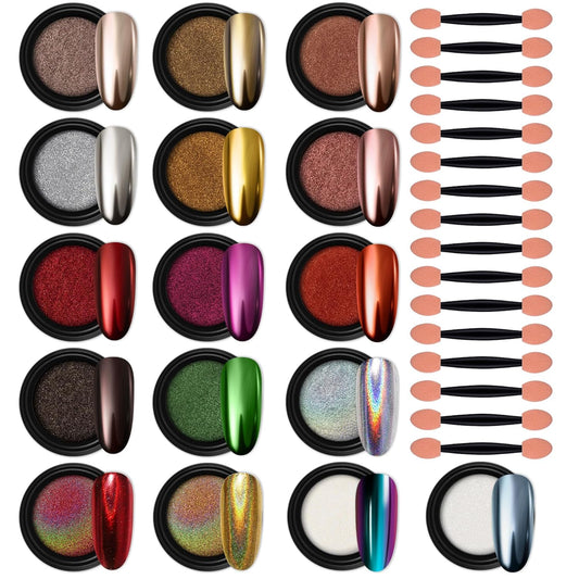 Artdone 16 Jars Chrome Nail Powder Magic White Pearl Kit Mirror Effect Silver Metallic Holographic