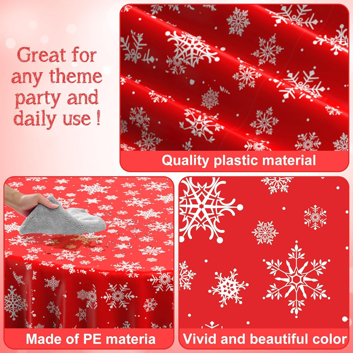 6 Pieces Christmas Snowflake Plastic Party Tablecloth Decorations, Disposable White Snowflake Red