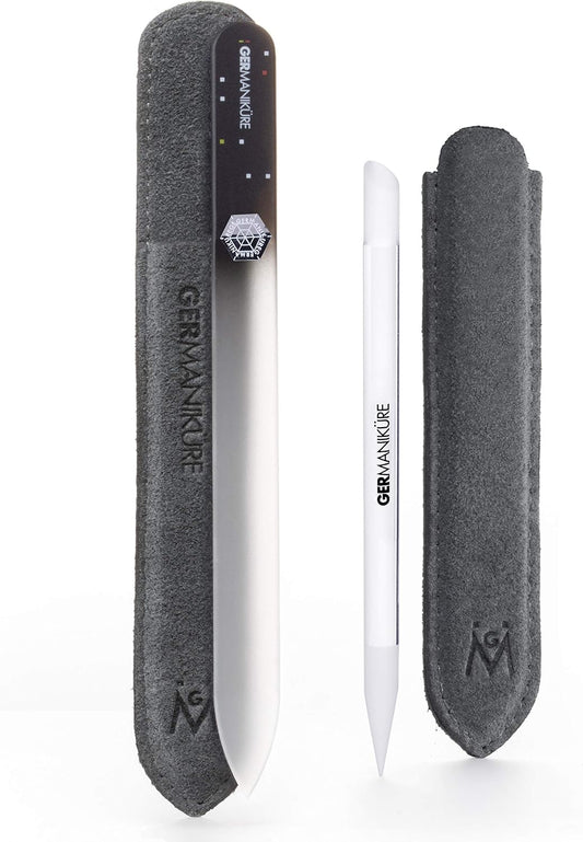 GERMANIKURE Crystal Glass Cuticle Stick & Black Nail File Set in Suede Sleeves – Handmade in Czech