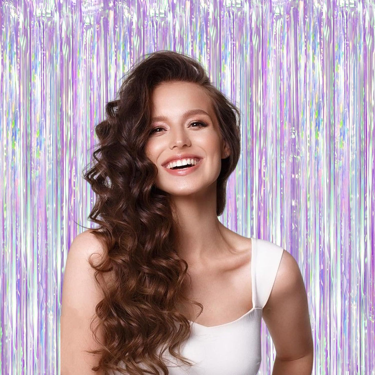 2 Pack Iridescent Purple Foil Fringe Curtains, Glittering Tinsel Streamers Party
