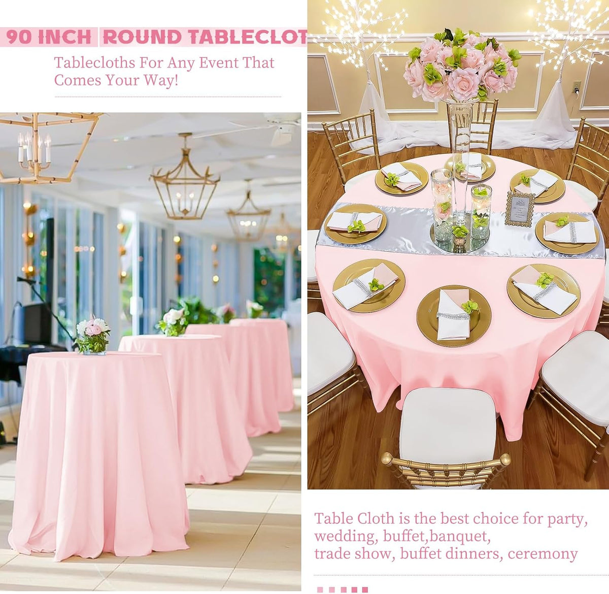 10 Pack Pink Round Tablecloths - 90 Inch, Polyester Table Cover, Stain and Wrinkle Resistant
