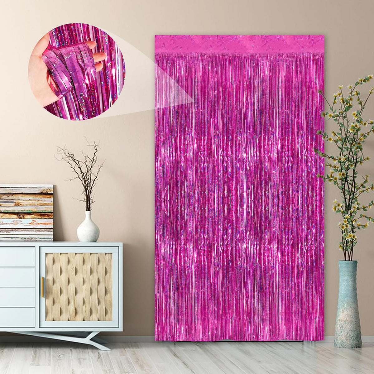 Rose Pink Party Streamers 2 Pack Glitter Foil Fringe Curtain 3.3 x 8.3ft Pink Party Decor Photo