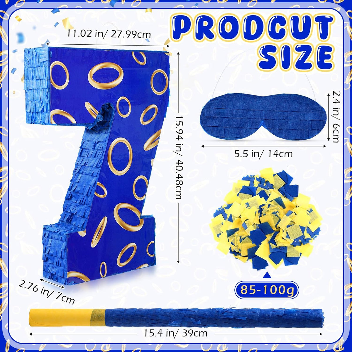Number 7 Blue and Golden Rings Piñata for Kids Birthday Cartoon Theme Small Piñata with Blindfold