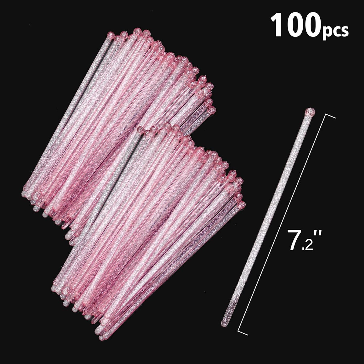 100-PCS Pink Glitter Plastic Swizzle Sticks, Crystal Cake Pops, Cocktail Coffee Drink Stirrers