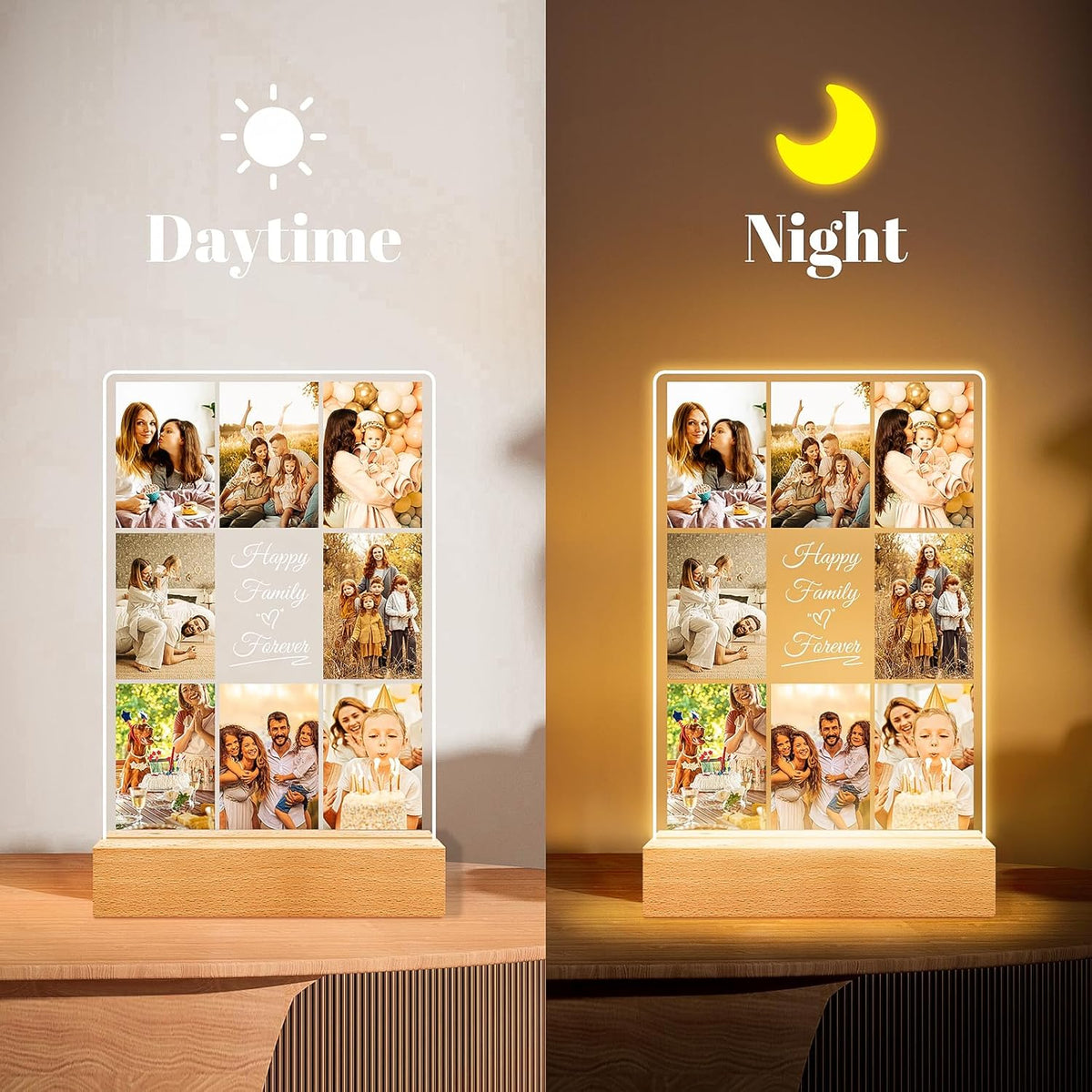 Personalized Collage Picture Frames with Photos, Custom Photo Frame with Night Light, Customized
