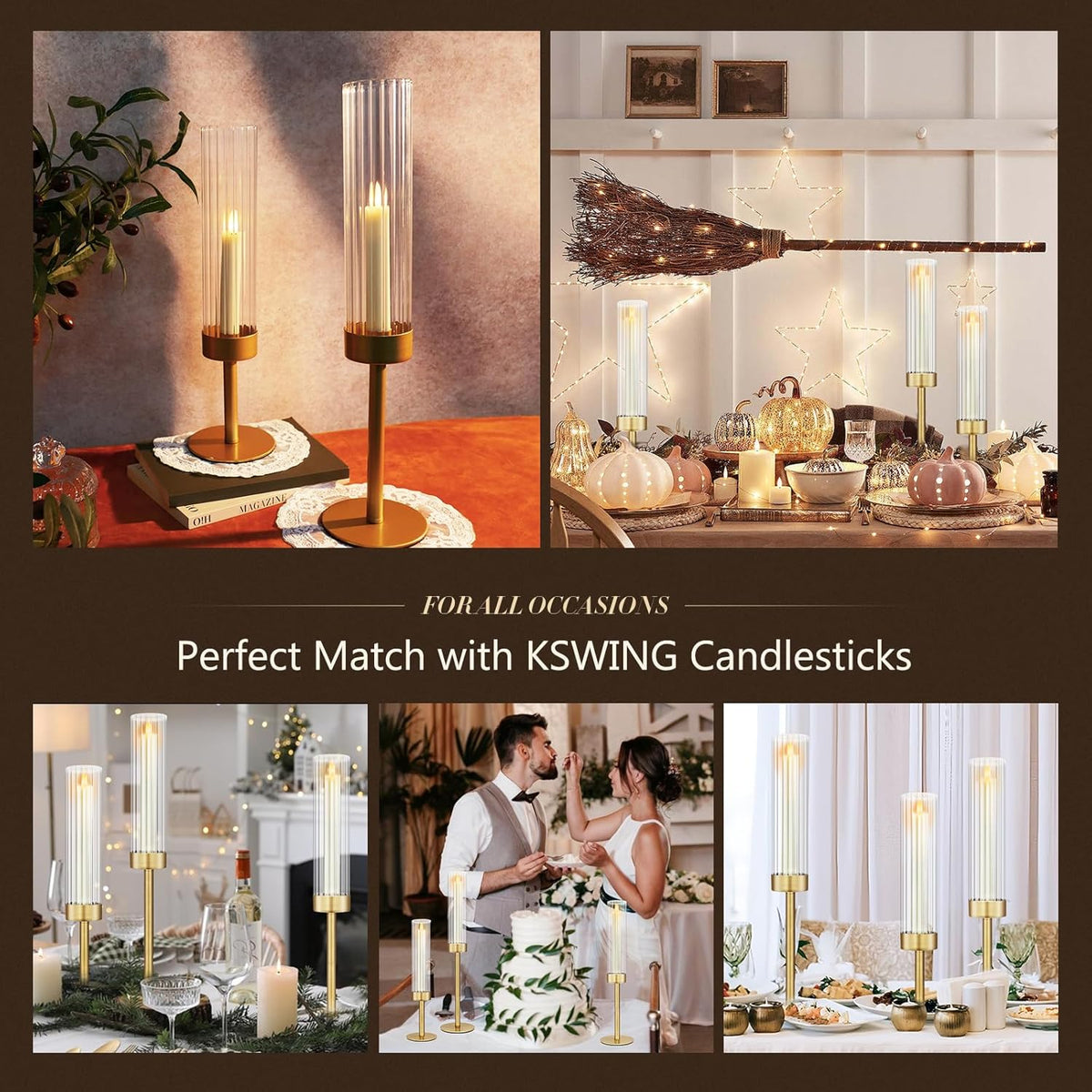 Glass Hurricane Candlestick Holders Gold, KSWING Set of 3 Taper Candle Holders Brass Tall Clear