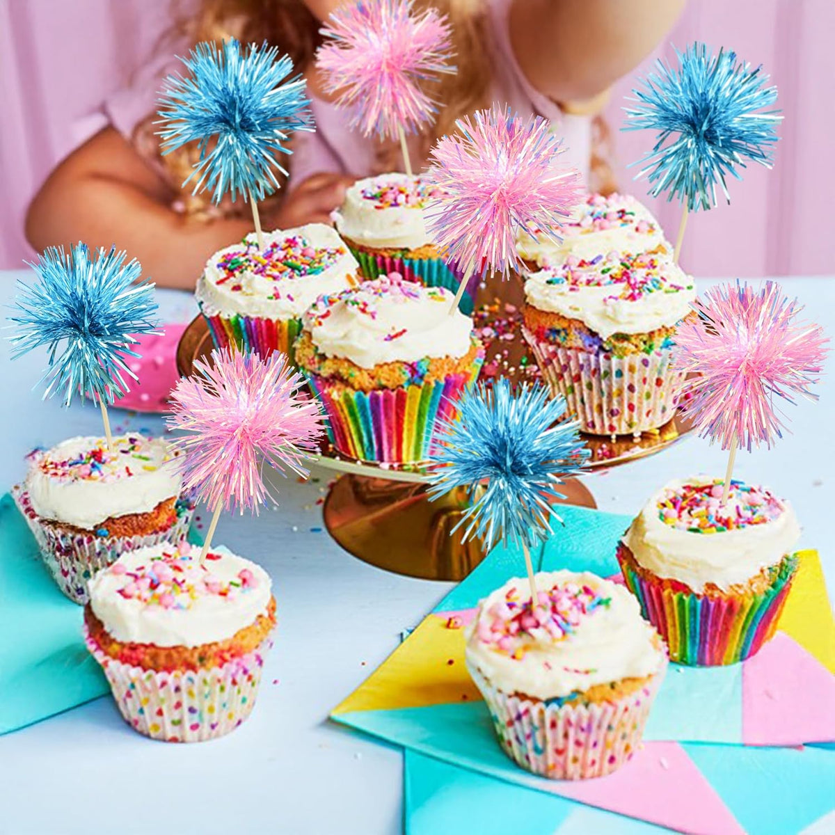 Ephlyn 30Pcs Foil Firework Cupcake Toppers Sparkle Tinsel Cupcake Picks Happy Birthday Cake