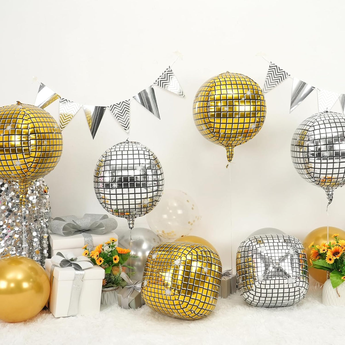 Disco Ball Balloons Gold Silver 4PC,Foil Disco Balloons 22 Inch 4D Round Metallic Gold Silver