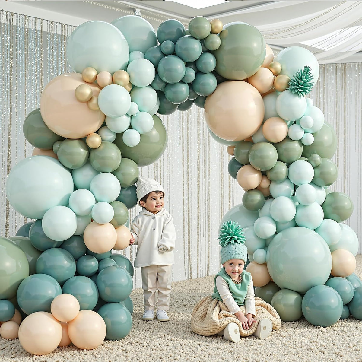 412Pcs Dusty Blue Green Balloon Garland Arch Kit,Haze Fog Blue Ash Mist Sage Green Sand White Gold